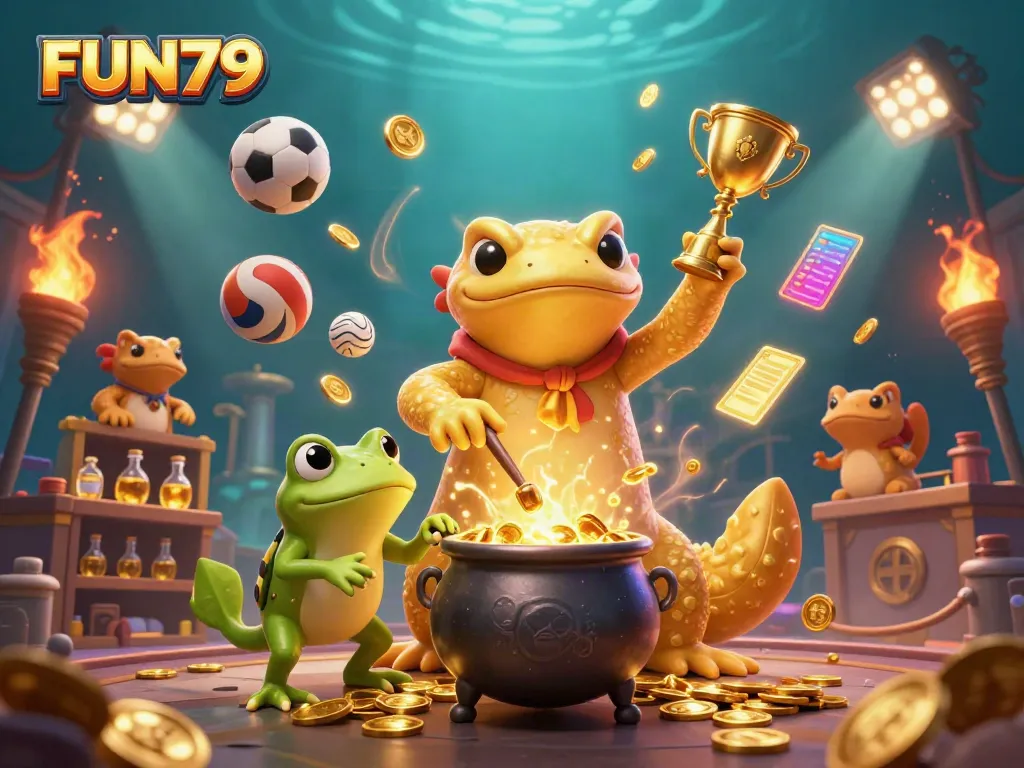 Experience the excitement of FUN79 with a magical alchemist scene full of vibrant game elements!