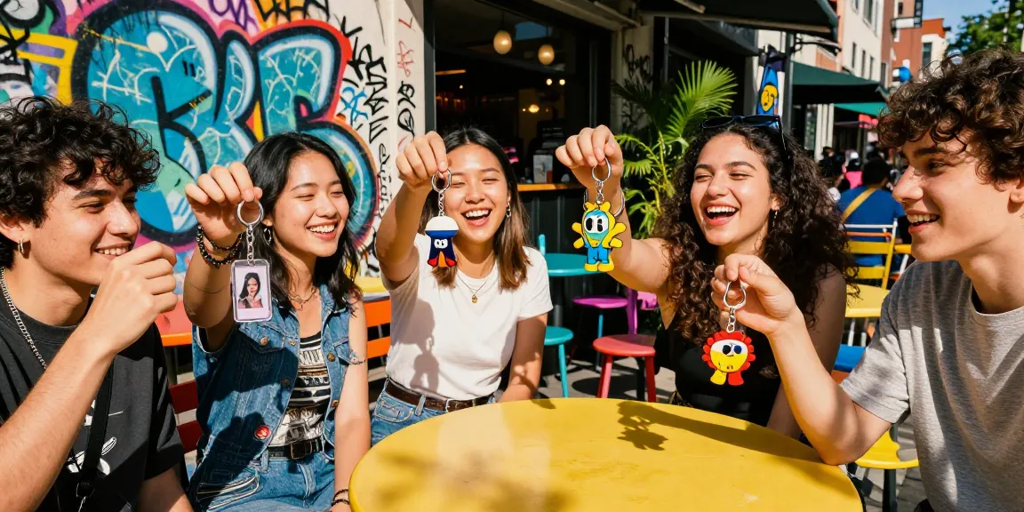 Friends joyfully showcasing custom keychains in an urban setting, highlighting personalized designs and youthful energy.