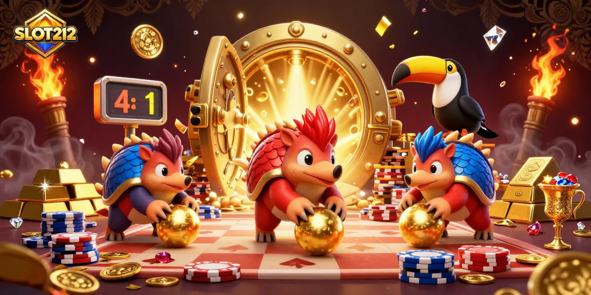 SLOT212 pangolins compete in a vibrant casino scene with poker chips and treasures.
