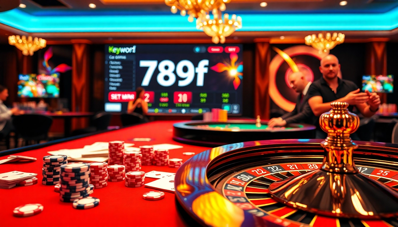 An engaging casino scene featuring the 789f brand with poker chips, a roulette wheel, and an online gaming interface.
