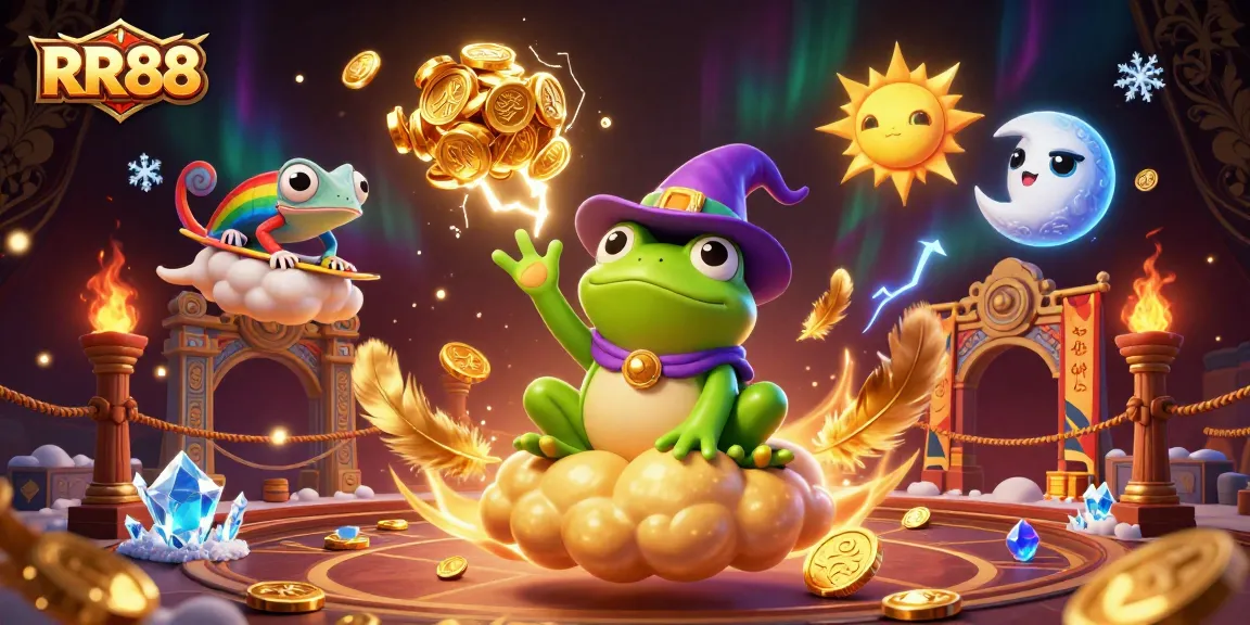 Win big at RR88 with this vibrant illustration of a magical scene filled with coins and gaming excitement.