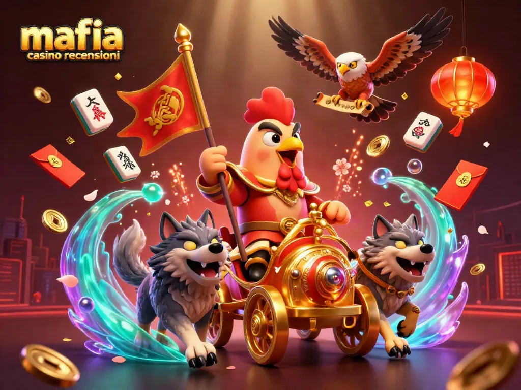 Mafia casino recensioni showcases a dynamic scene with a rooster warlord, golden elements, and casino symbols.