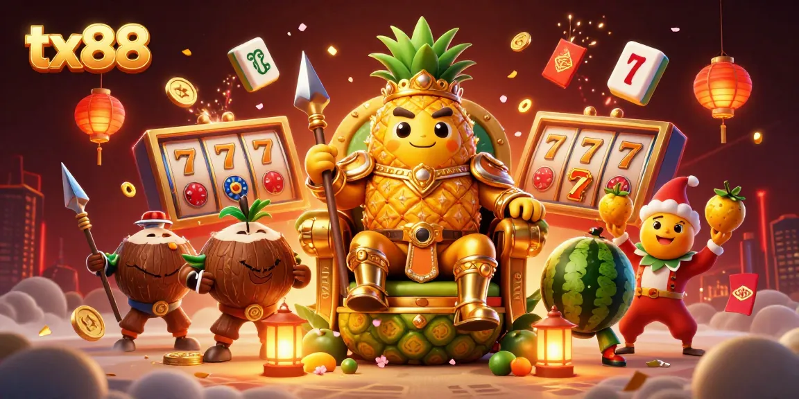 Engage with tx88 at a vibrant beach casino featuring a golden pineapple king and dynamic game elements.