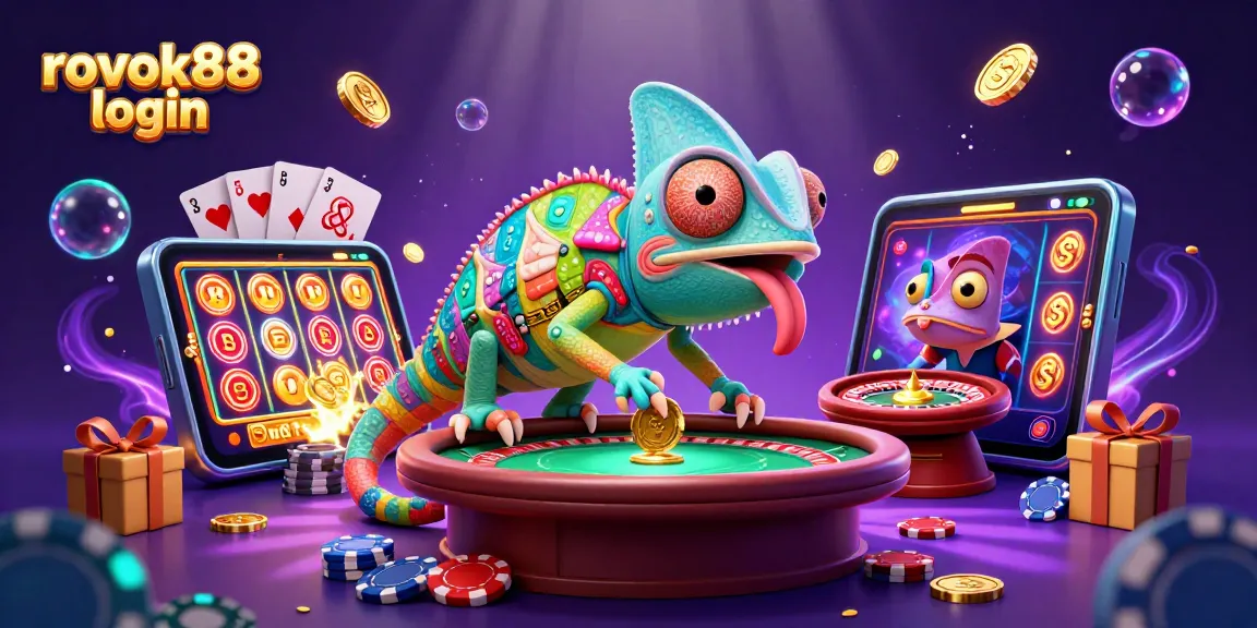 Engage with the rokok88 login experience featuring a vibrant chameleon casino owner and dynamic gaming elements.