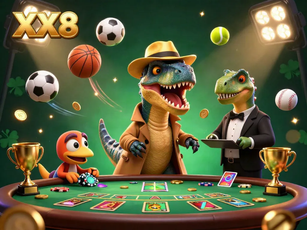 Encounter thrilling baccarat action with XX8 in this vibrant illustration of a clever velociraptor card counter amidst excitement.