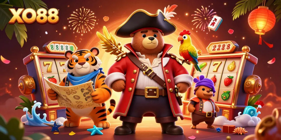 Spin the reels with XO88's vibrant online casino scene featuring pirate characters and gold.