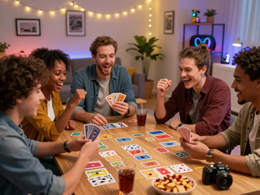 Engaging scene of friends playing 789 club card game at home, laughter and snacks creating a vibrant atmosphere.