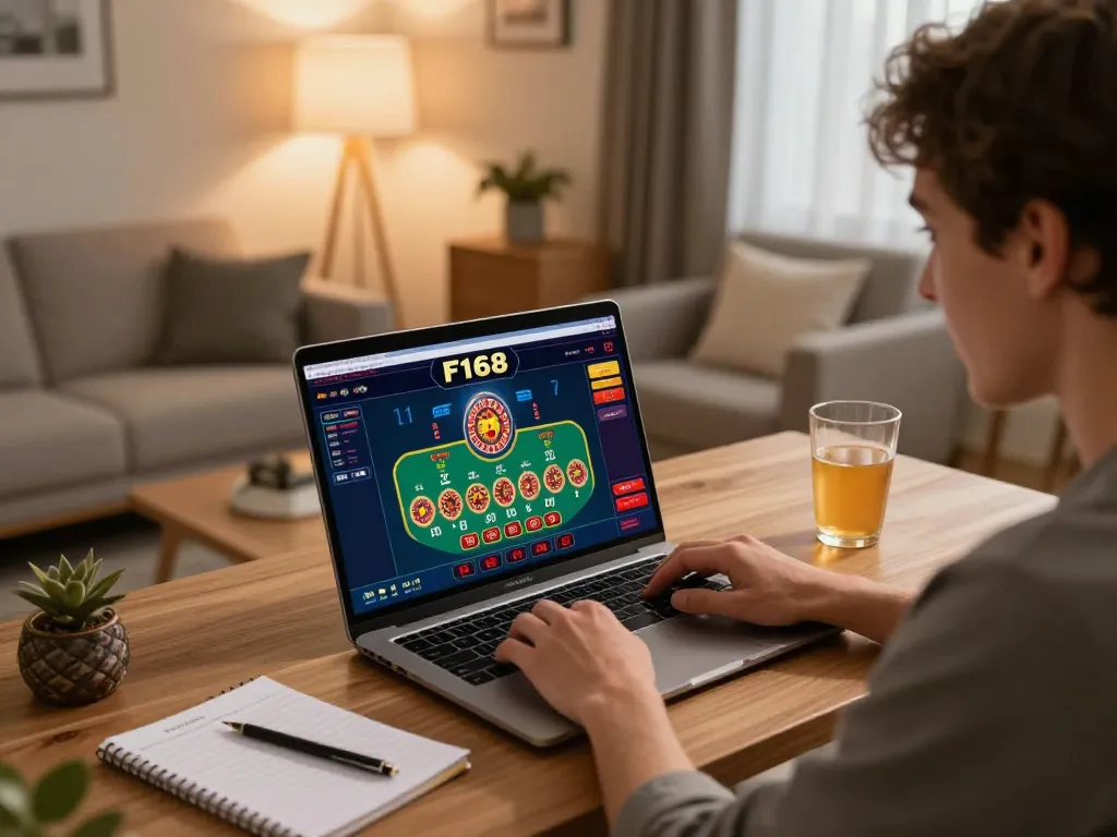 F168 player engaged in online casino gaming with laptop, showcasing strategic betting.