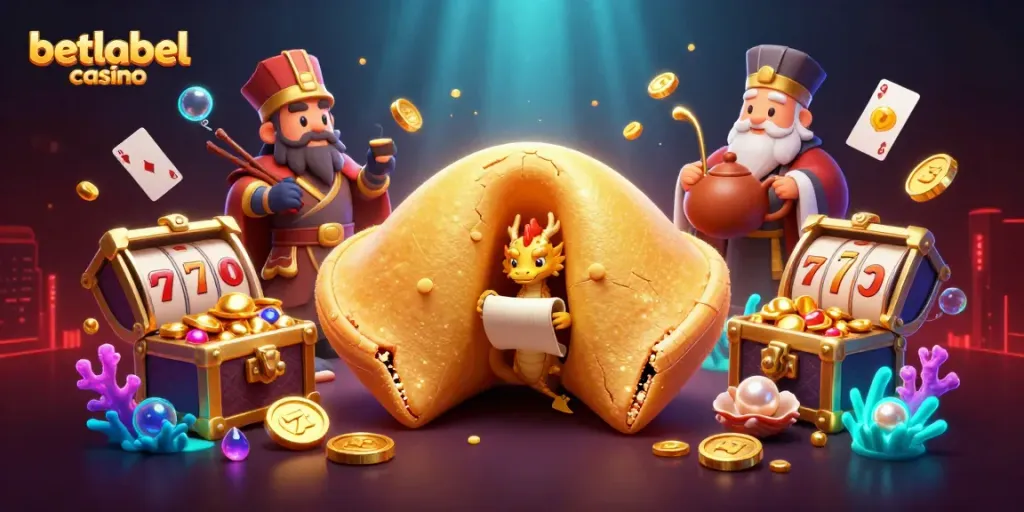 Experience thrilling gameplay at BetLabel Casino with a vibrant 3D illustration of lucky elements.