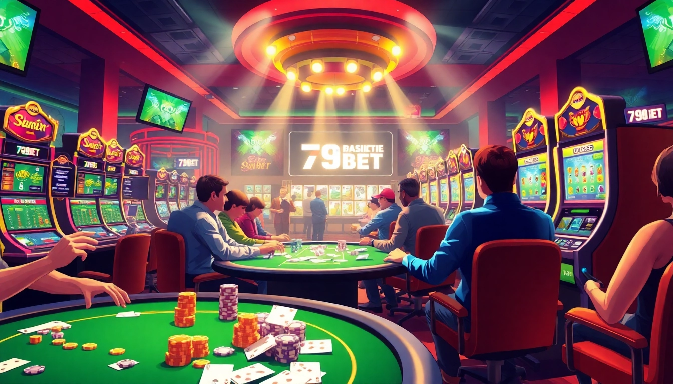Experience thrilling online gambling at https://789beta2.com/ with a dynamic casino scene showcasing poker, sports betting, and slot machines.