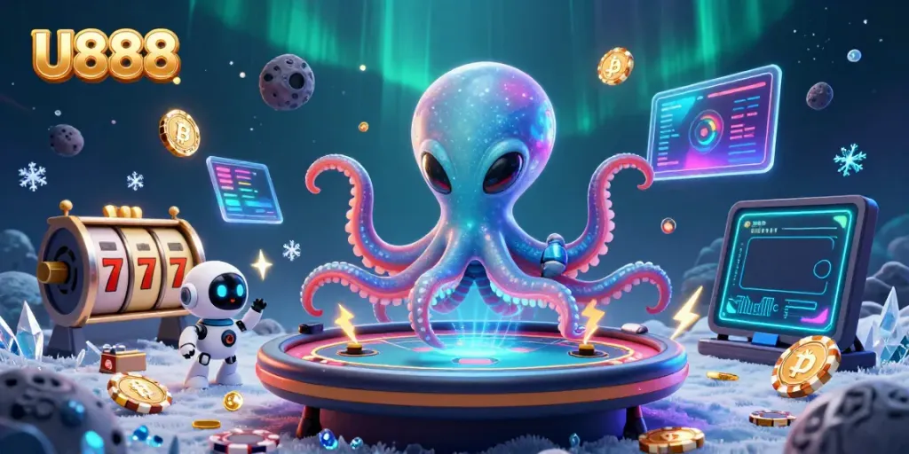 Experience exhilarating gaming action with U888's vibrant poker scene featuring an alien octopus.