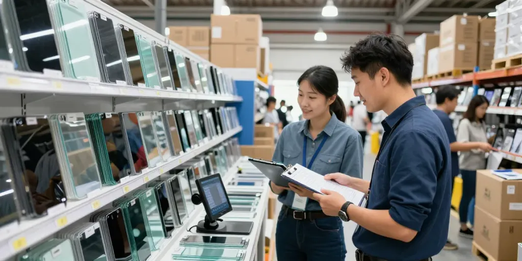 Mobile Tempered Glass Wholesale products displayed in a vibrant warehouse.