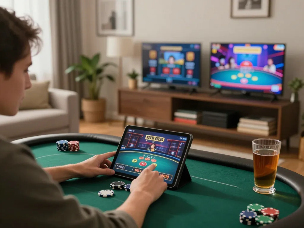 Engaging in online poker gameplay with FO88 app in a cozy home setting, showcasing strategic betting.