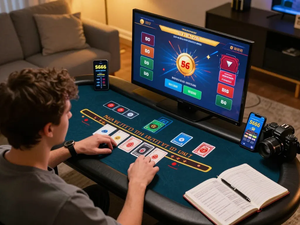 S666 online blackjack player strategizing bets at home with digital cards on screen