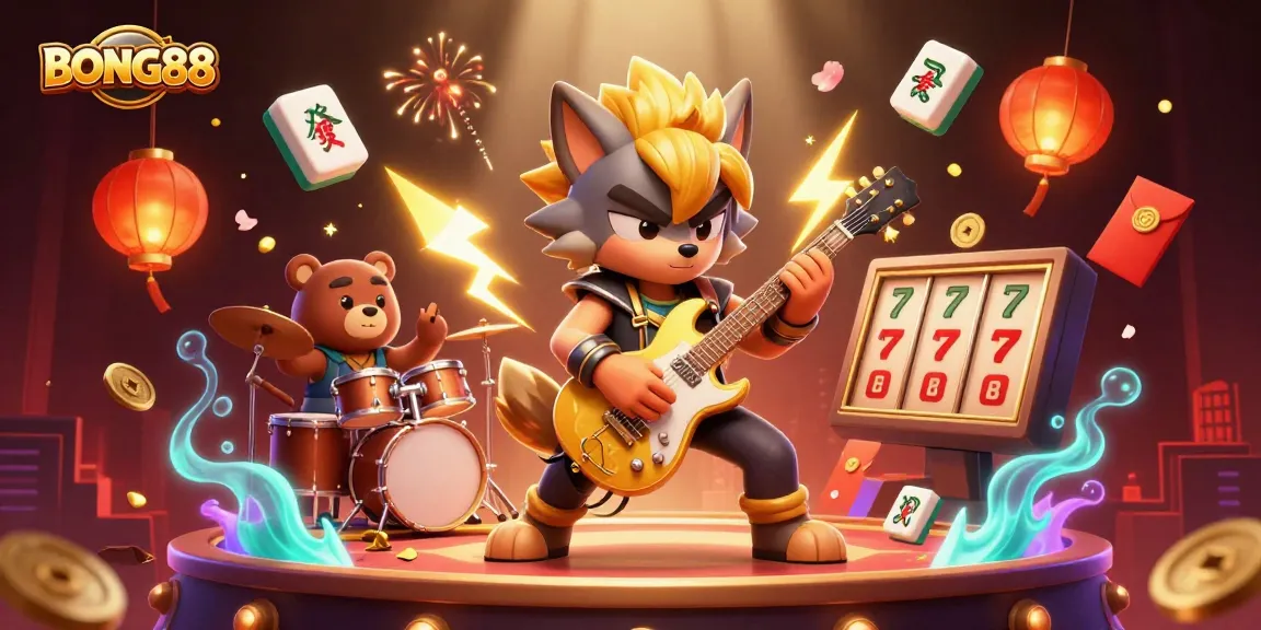 BONG88 showcases an energetic 3D casino scene with a rock star wolf, drummer bear, and dynamic game elements.