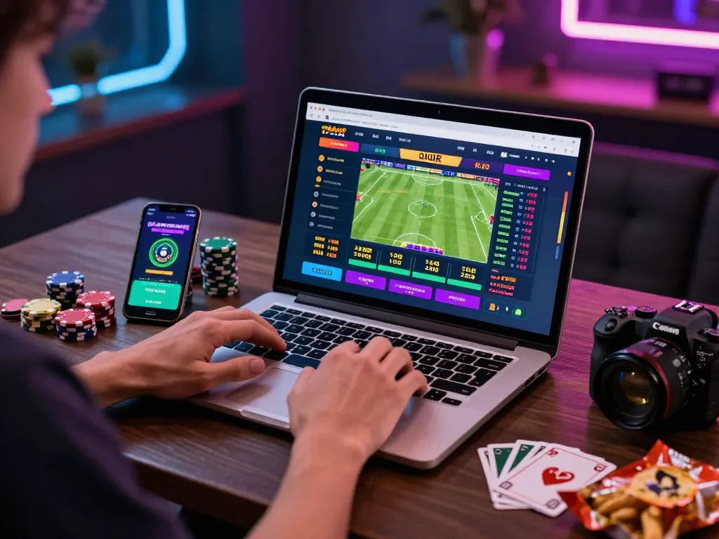 Engaged person betting online with keonhacai odds displayed on laptop in a vibrant gambling setup.