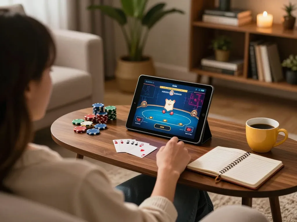 Open88 user enjoys online poker gaming session in a cozy home setting.