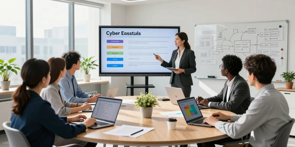 Cyber Essentials certification meeting in a modern office with a diverse team discussing cybersecurity strategies.