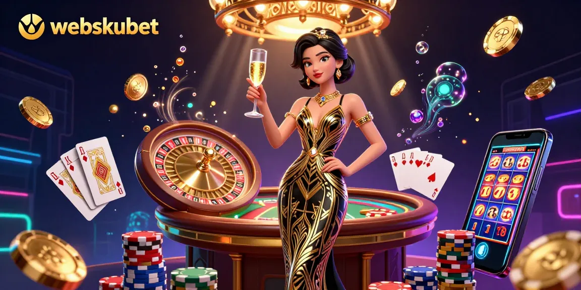 Experience thrilling gameplay at webskubet with a glamorous Asian woman in a casino setting.