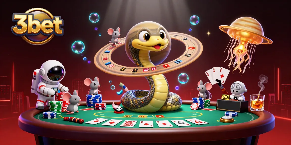 3bet players explore a vibrant casino scene featuring a Saturn ring snake roulette and cosmic dealer.