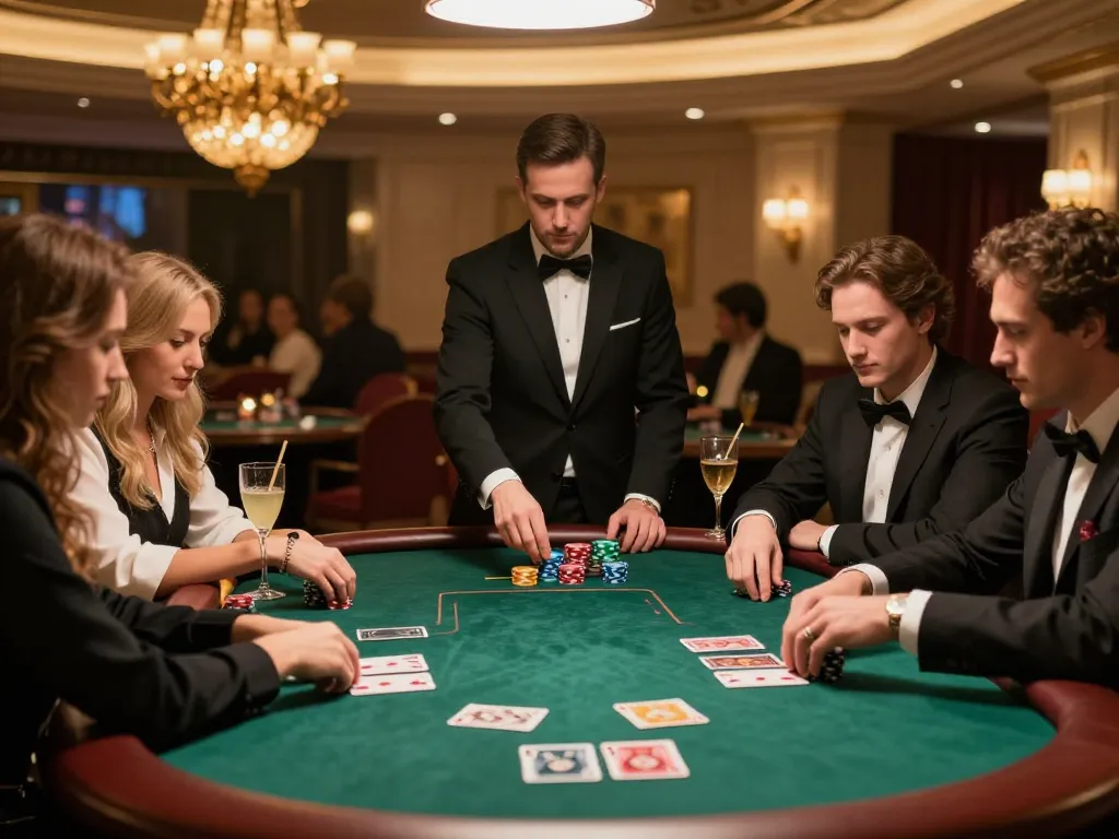 tr88 players strategizing bets at an upscale poker table in a luxury casino.