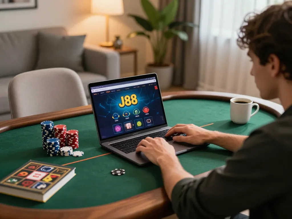 Engaging in strategic online gaming at J88 with a cozy home setup and ambient lighting.