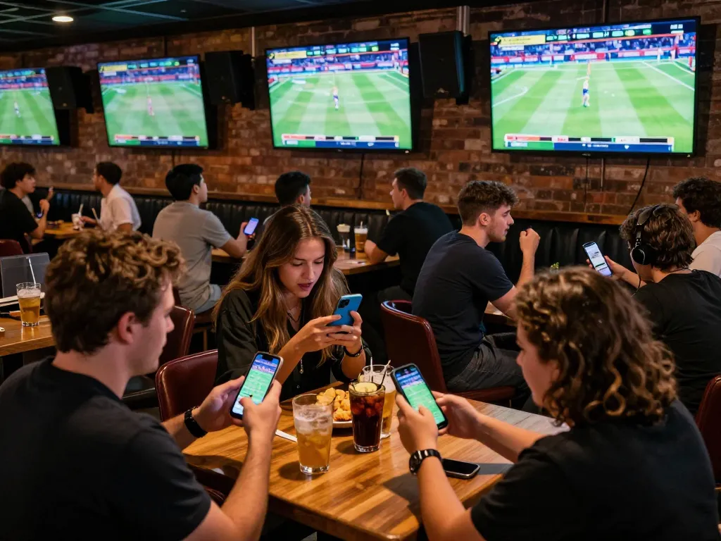 Exciting atmosphere at 11BET sports bar where patrons actively engage with betting apps.