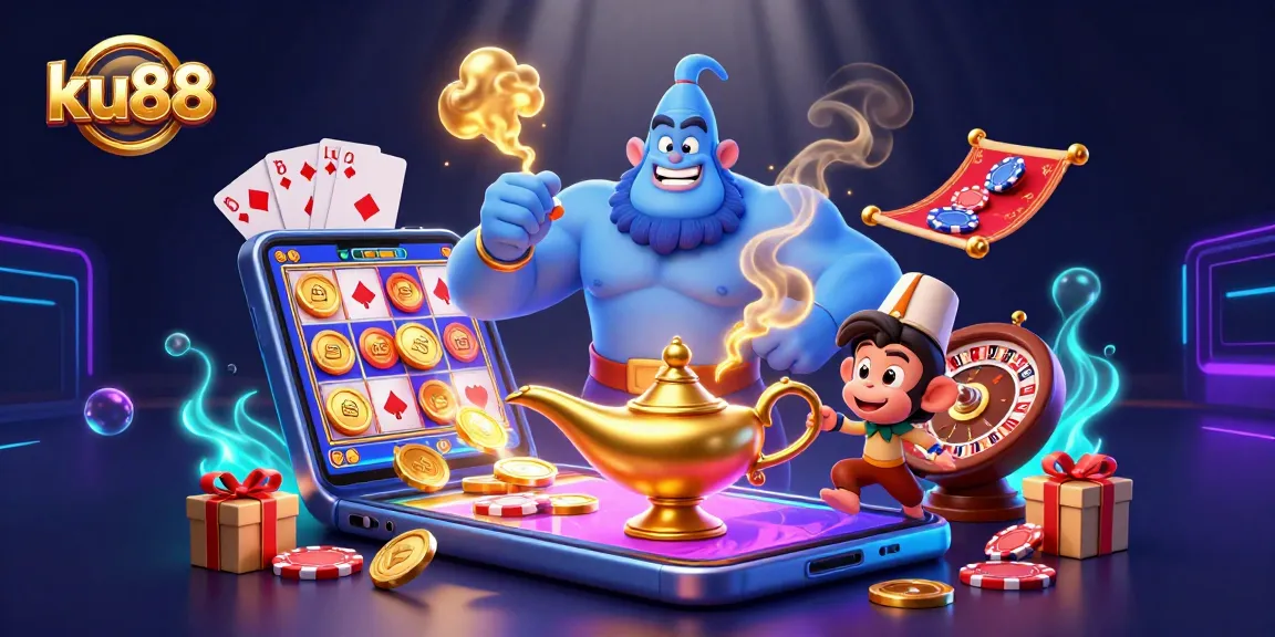 Experience thrilling wins with ku88 at a dynamic casino scene filled with colorful slot games and enchanting characters.