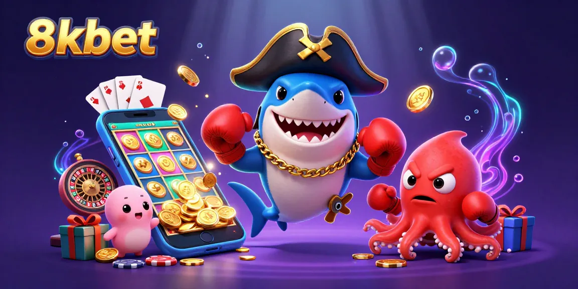 Engage with 8xbet’s thrilling experience featuring a playful pirate shark, pufferfish, and octopus in a vibrant casino scene