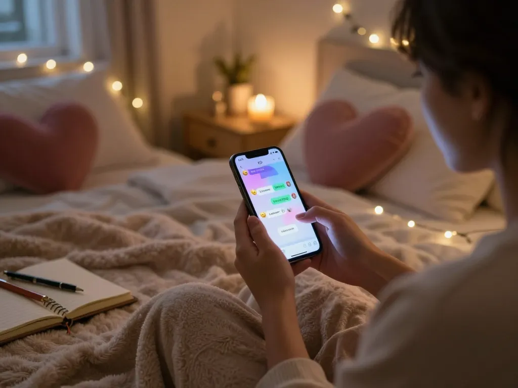 Cozy bedroom scene featuring a person engaging with sexting AI on their smartphone, ambient lights enhancing the intimate atmosphere.