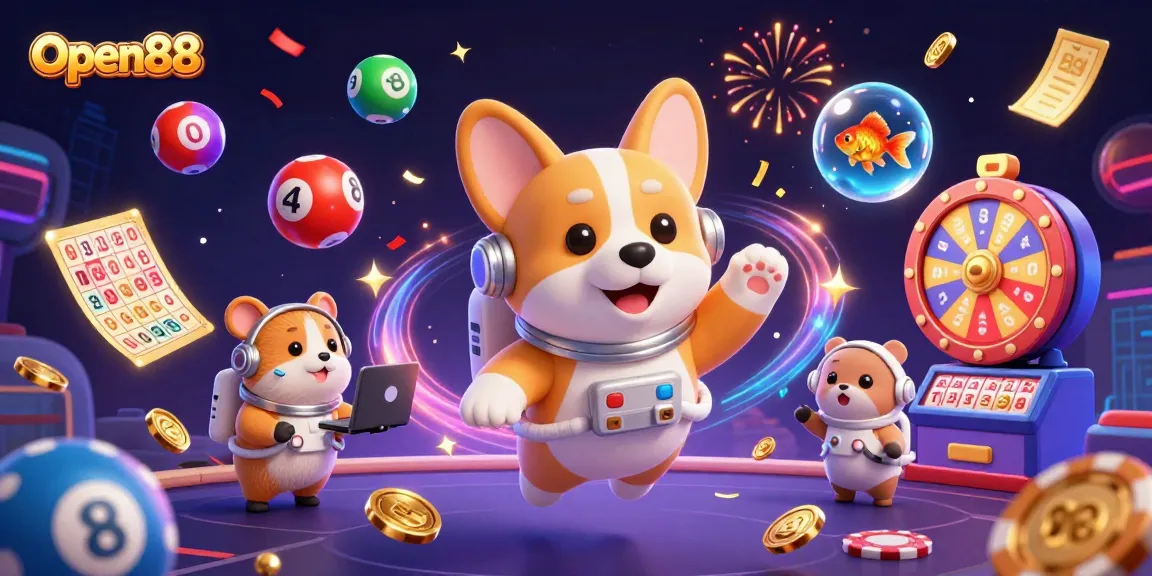 Experience thrilling gaming with Open88 amidst a vibrant casino scene with floating characters and dynamic elements.