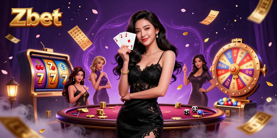 Zbet invites excitement at the casino with elegant playing cards and vibrant slot reels in a dynamic scene.