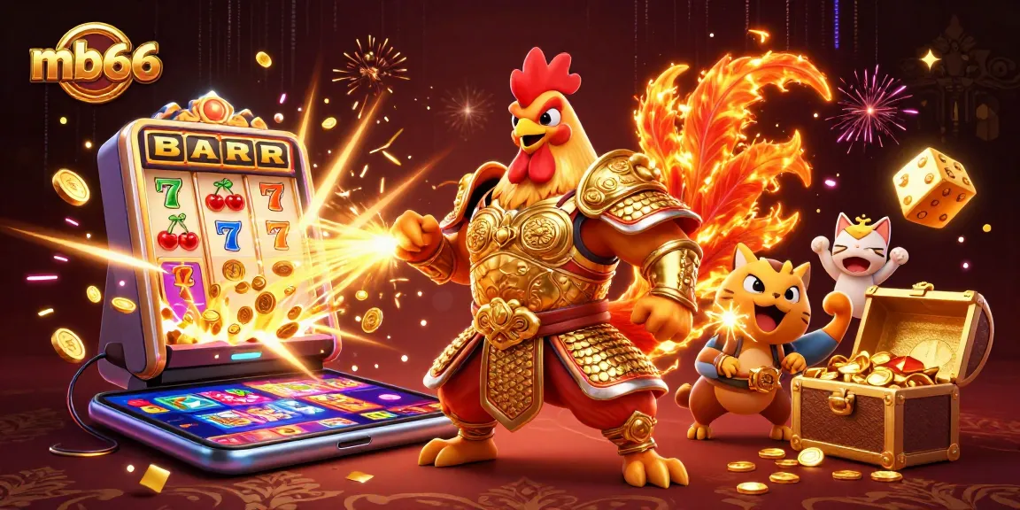 Experience thrilling wins at mb66, where a golden rooster warrior and fire-breathing dragon celebrate with jackpot excitement.