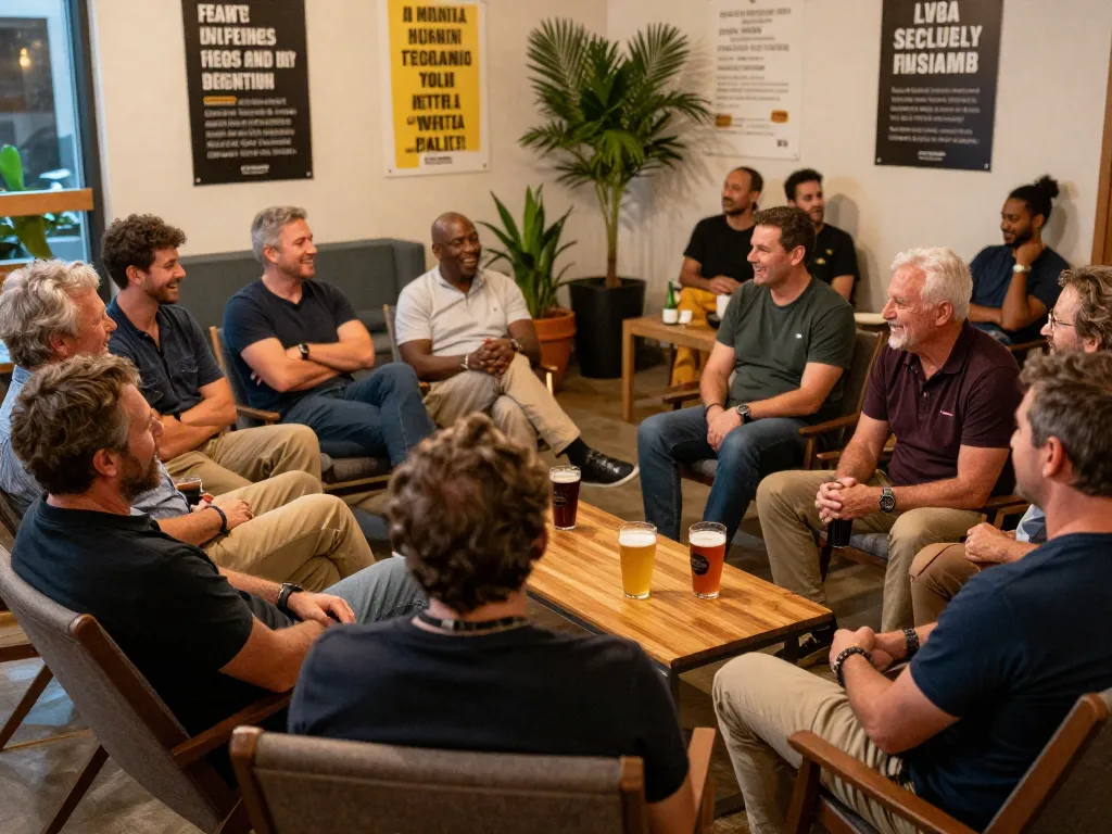 Group of men sharing experiences at a man club gathering, fostering connection and support in a cozy atmosphere.