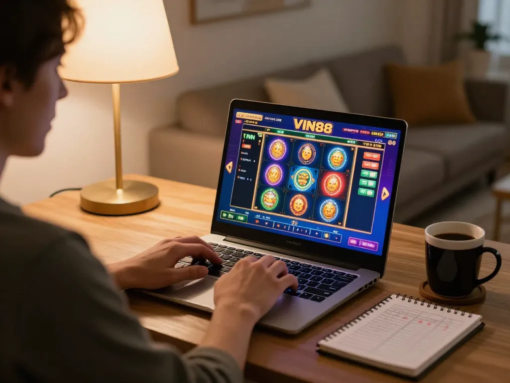 Play exciting slots on VIN88 at home desk with laptop and strategy notes.