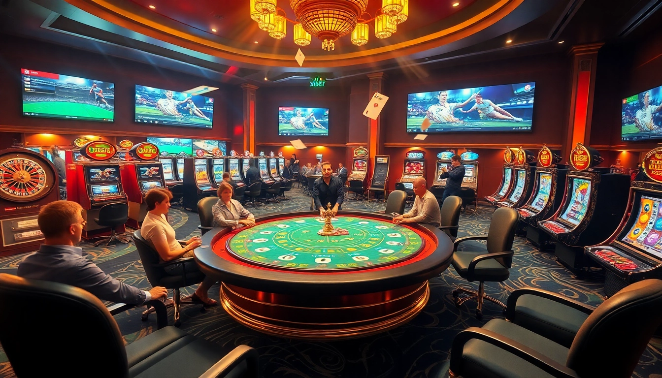 Xibet players engaging at a vibrant poker table in a luxurious casino setting.