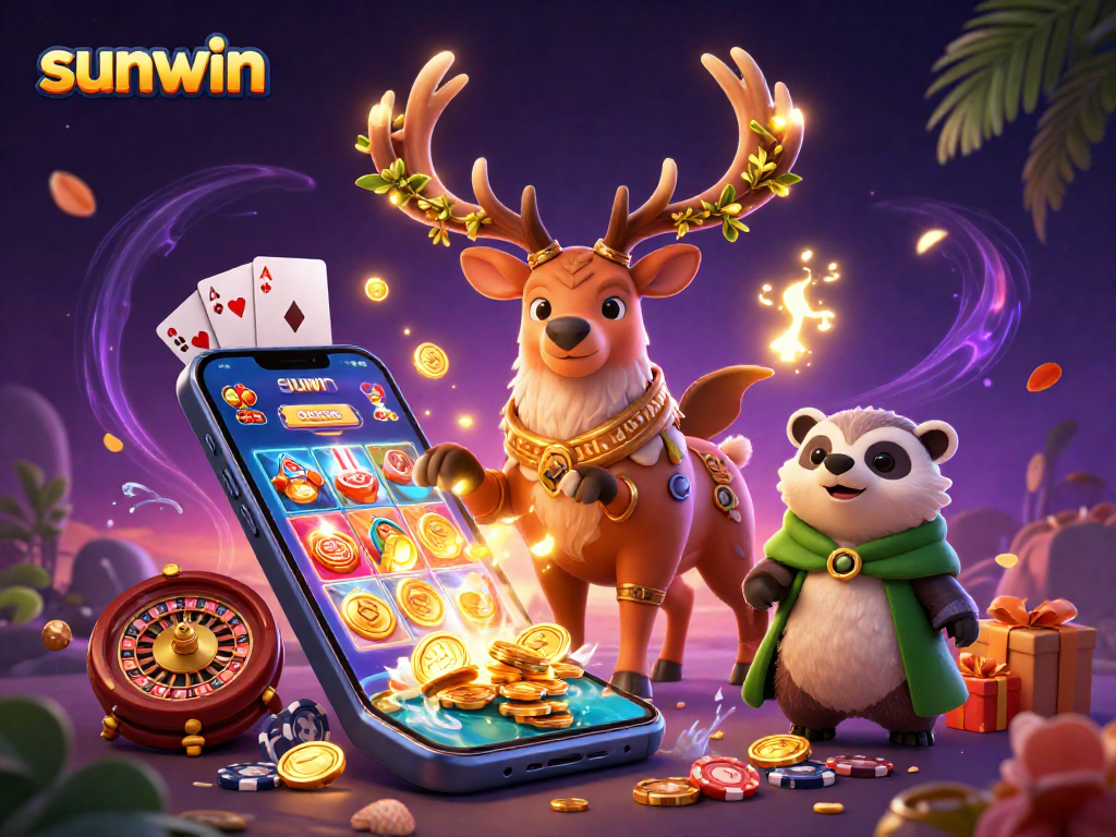 Engage with sunwin's vibrant 3D casino scene featuring a druid stag and interactive gaming elements.