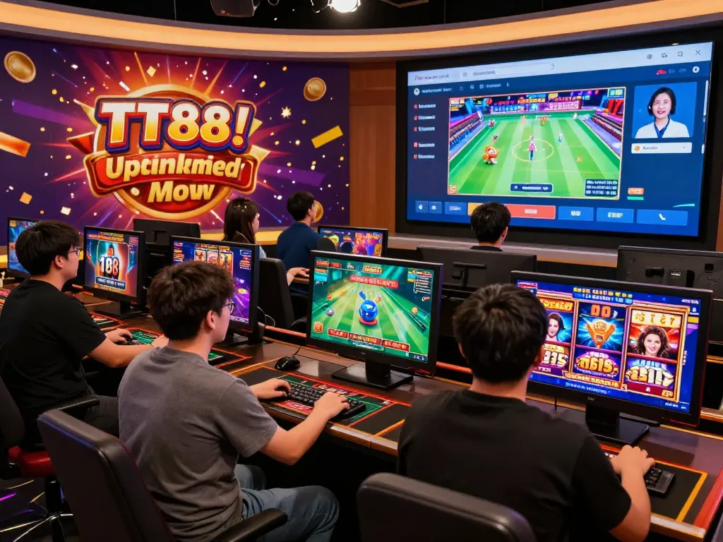 Dynamic TT88 gaming scene with players enjoying live casino, sports betting, and vibrant slot games.