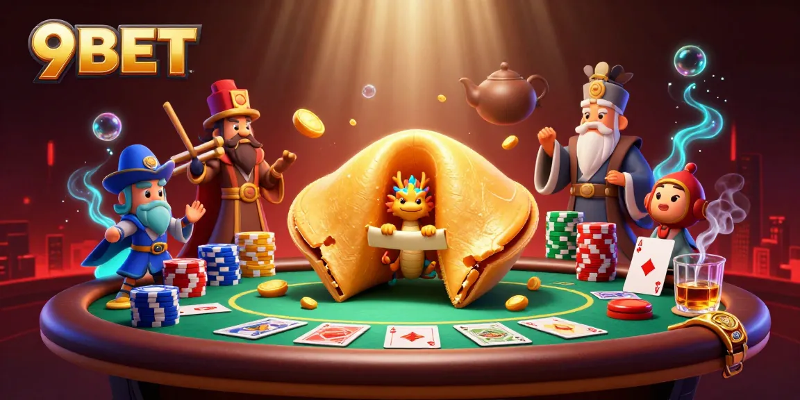 Experience the thrilling world of 9BET with a dynamic poker-inspired scene featuring a golden fortune cookie.