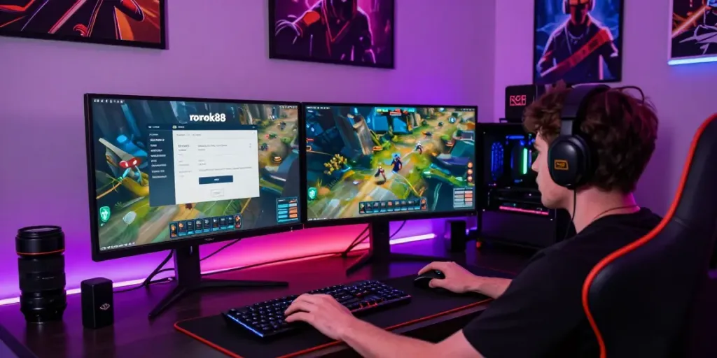 Player focused on rokok88 login on dual screens in vibrant gaming setup