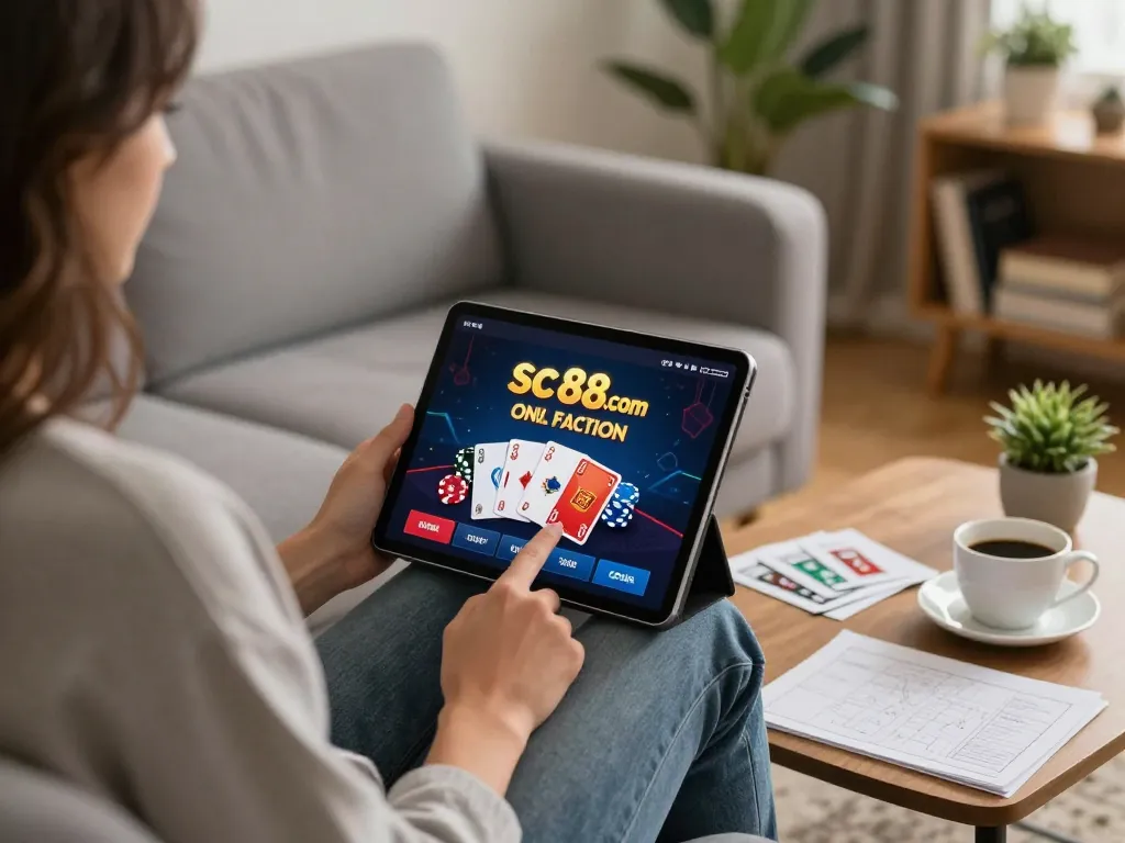 Engaging with sc88.com on tablet in a cozy home gaming setup, highlighting poker strategy.