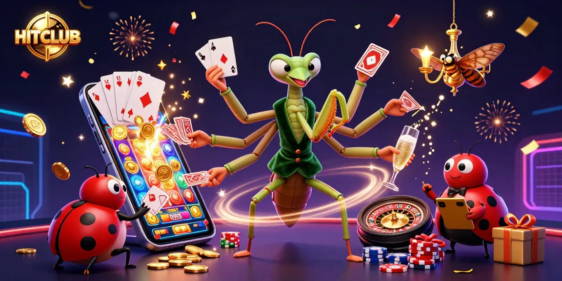 HITCLUB showcases a 3D gambling scene featuring a dynamic mantis card sharp, ladybug pit boss, and vibrant game elements.