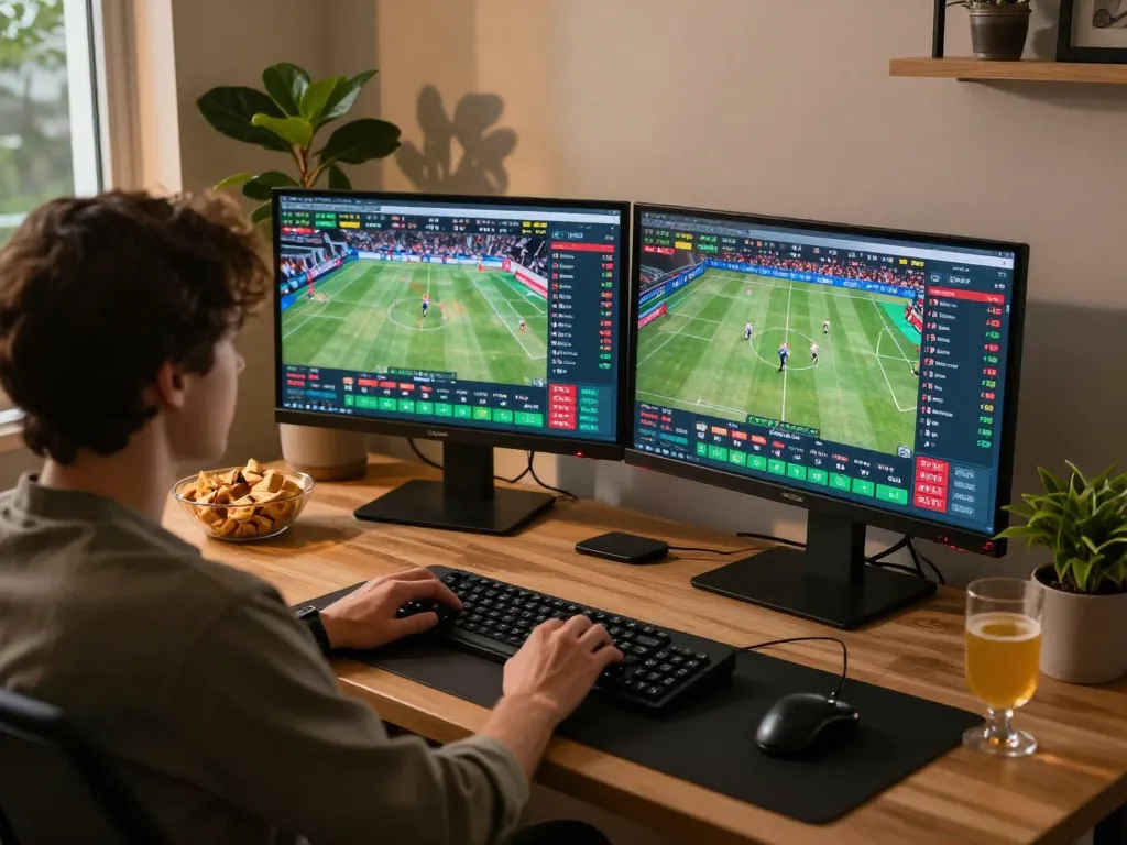 Engaged user placing bets on live sports at https://www.mnm88.com/ while enjoying a cozy home setup.