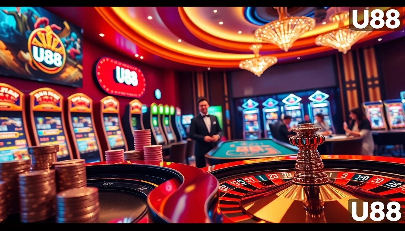 U88 casino action featuring vibrant roulette wheel, stacked poker chips, and engaged players enjoying their gaming experience.