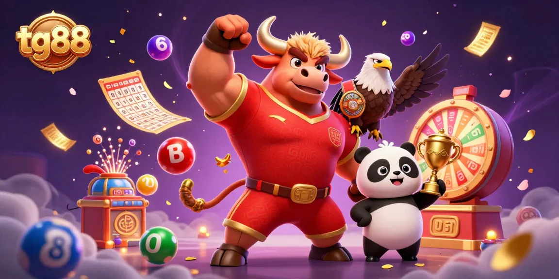 Experience the thrilling games at tg88, where the bull mascot and friends celebrate winning moments amidst vibrant lottery elements.