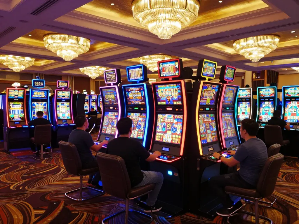VB88 players celebrating wins at slot machines on a bustling casino floor, vibrant and exciting atmosphere.