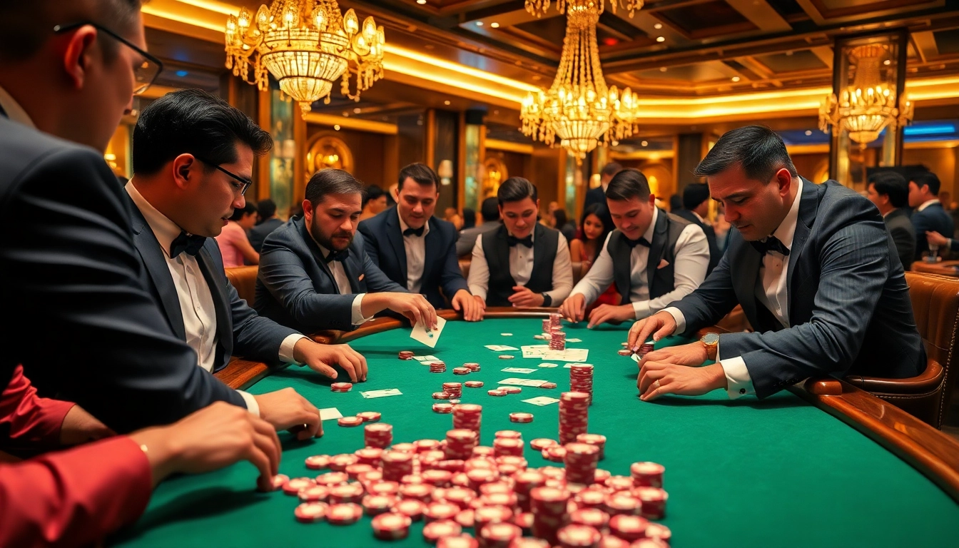 FC88 poker players engaging in high-stakes action at a luxurious casino table.