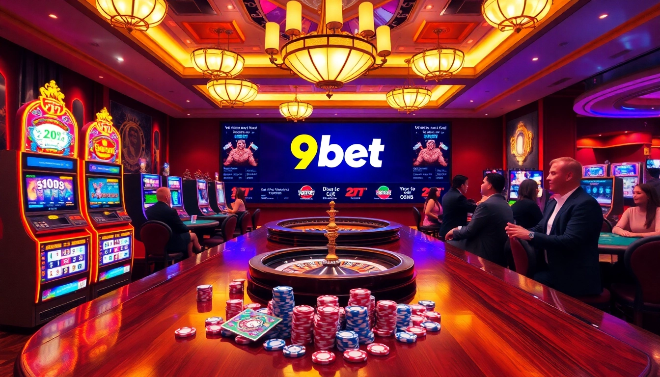 A vibrant casino scene with players at 9bet's roulette and slot machines, showcasing excitement.
