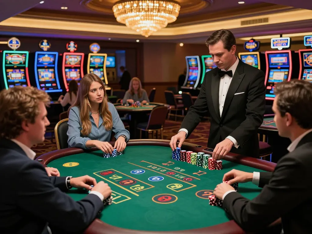 Players enjoy strategizing at blackjack tables in a lively casino atmosphere, enhancing the sapporo-dogscafe experience.
