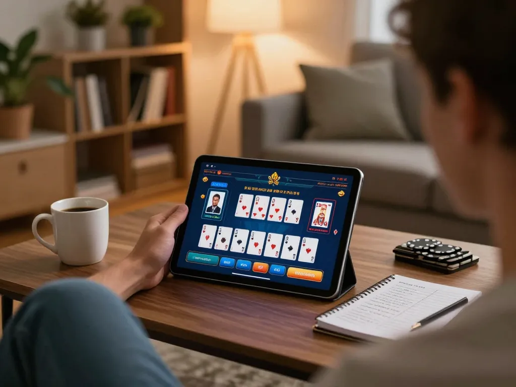 Engaged player using Jun88 app for online poker while reviewing strategy notes at home